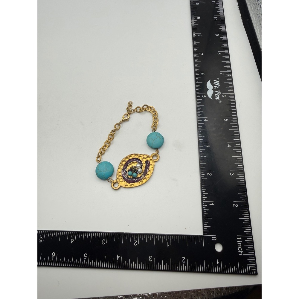 Boho Turquoise Gold Tone Bracelet Set Wide Chain Cuff‎ & Enamel Medallion Link